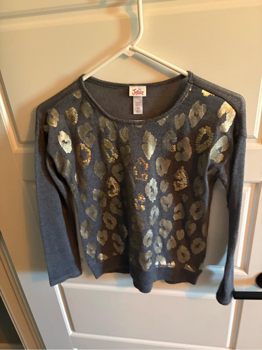 Justice Gray Long Sleeve Top with Gold Leopard Sequin Print